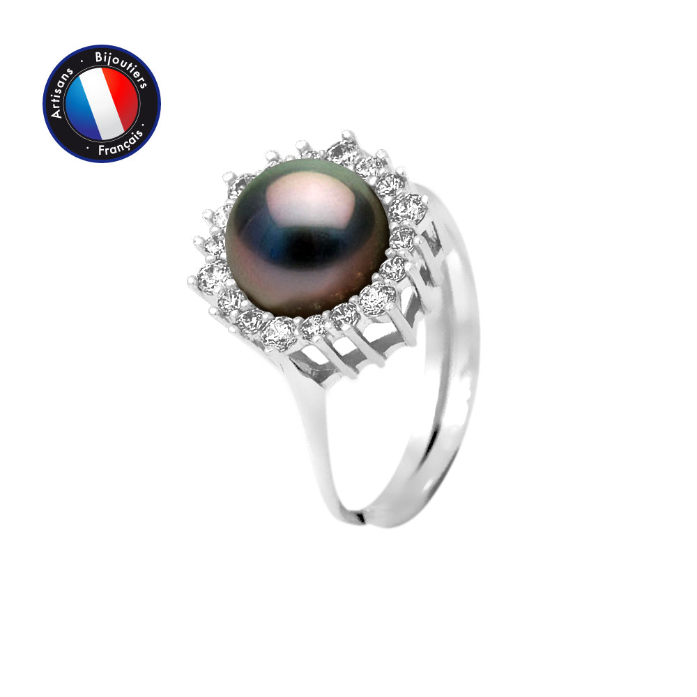 Bague en Argent 925 Millièmes avec Véritable Perle de Culture de Tahiti 8-9 mm et Zirconium