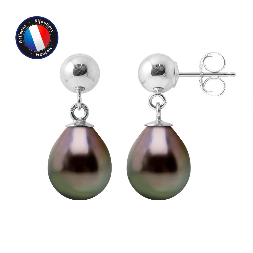 PERLINEA- Boucles d'Oreilles - Perles de Culture de Tahiti- Ovale Diamètre 8-9 mm- Bijou Femme- Argent 925 Millièmes