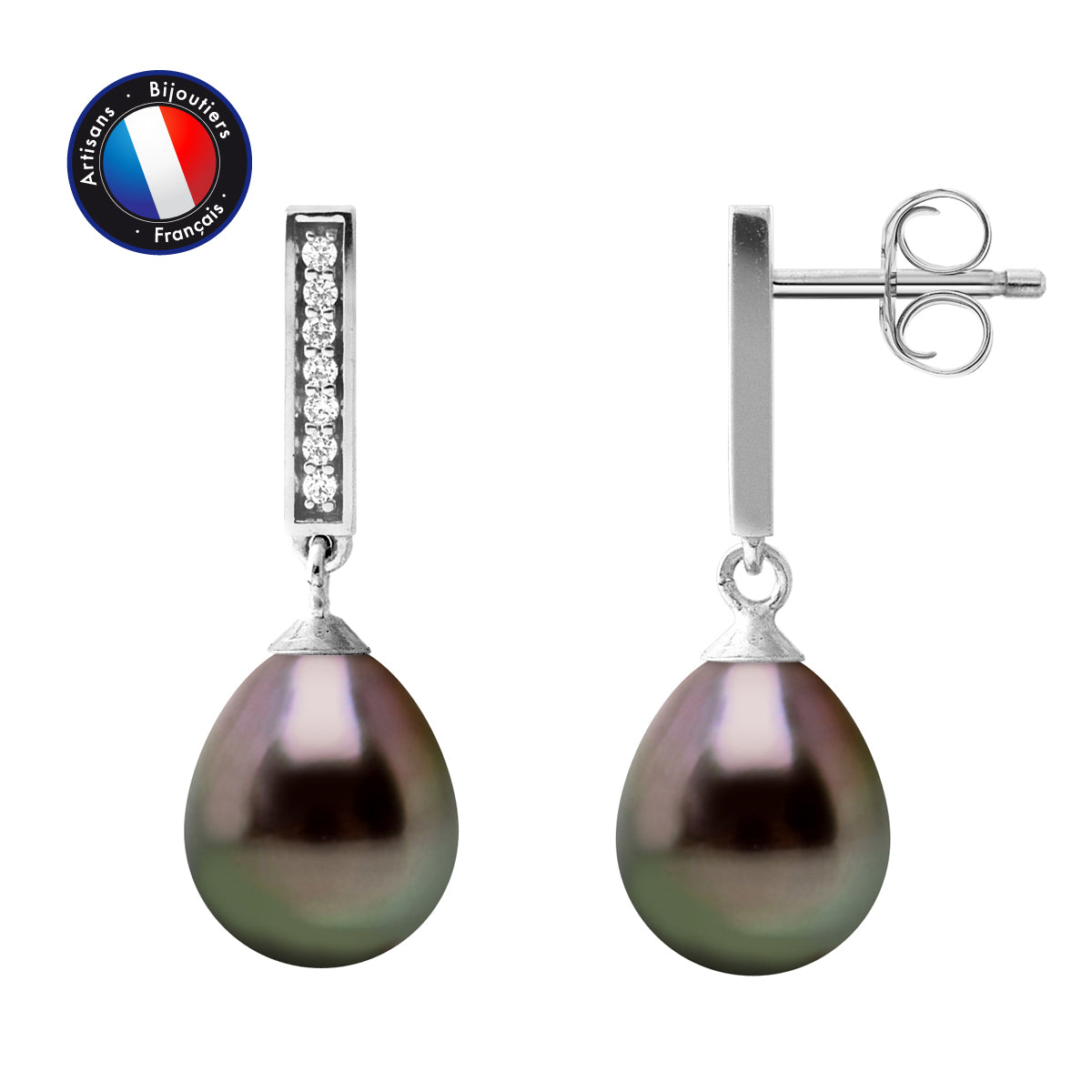 PERLINEA- Earrings - Tahitian Cultured Pearls - Pear Diameter 8-9 mm - Women's Jewelry - 925 Sterling Silver