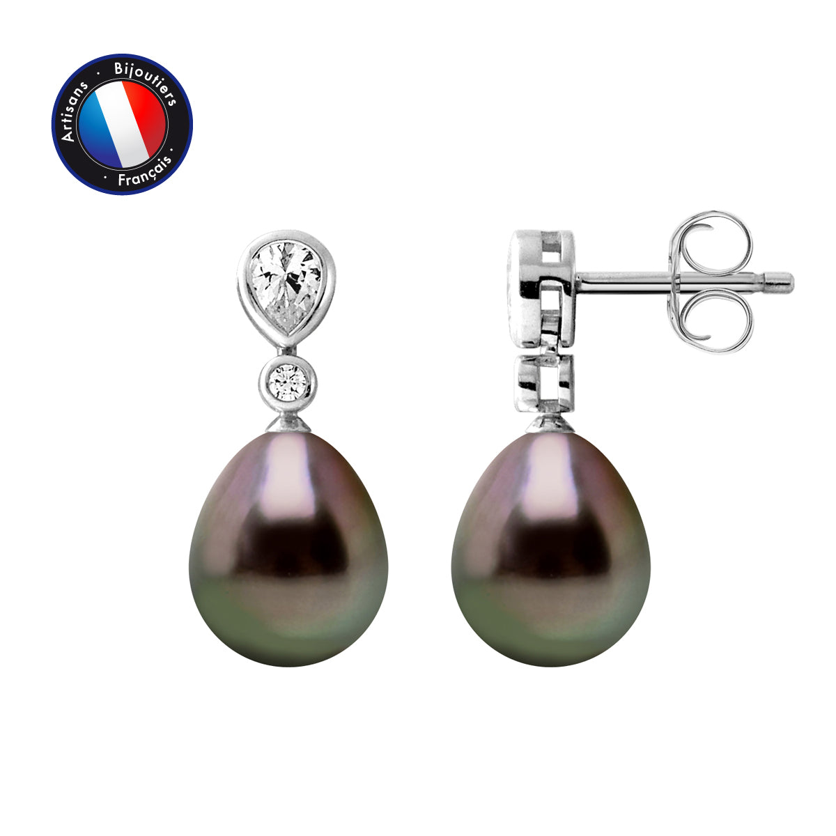 PERLINEA- Boucles d'Oreilles - Perles de Culture de Tahiti- Poire Diamètre 8-9 mm- Bijou Femme- Argent 925 Millièmes