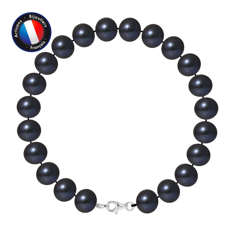 PERLINEA- Bracelet- Freshwater Cultured Pearls- Semi Round 9-10 mm Black Tahiti- Women's Jewelry- 925 Thousandths Silver