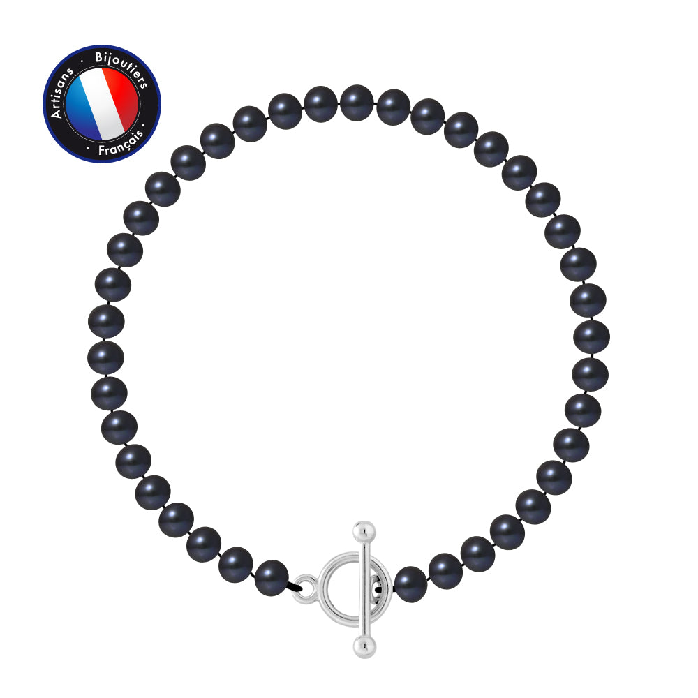 PERLINEA- Bracelet- Perles de Culture d'Eau Douce- Semi Ronde 5-6 mm Black Tahiti- Bijou Femme- Argent 925 Millièmes