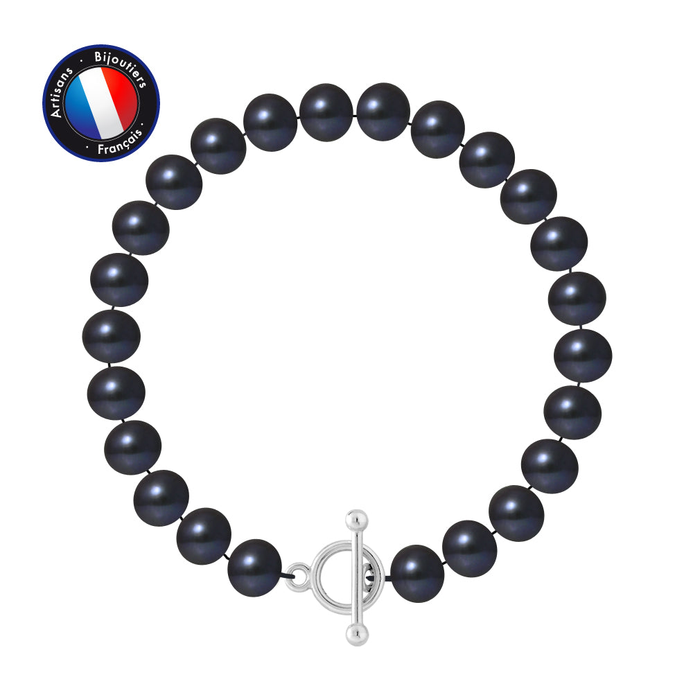 PERLINEA- Bracelet- Freshwater Cultured Pearls- Semi Round 8-9 mm Black Tahiti- Women's Jewelry- 925 Thousandths Silver