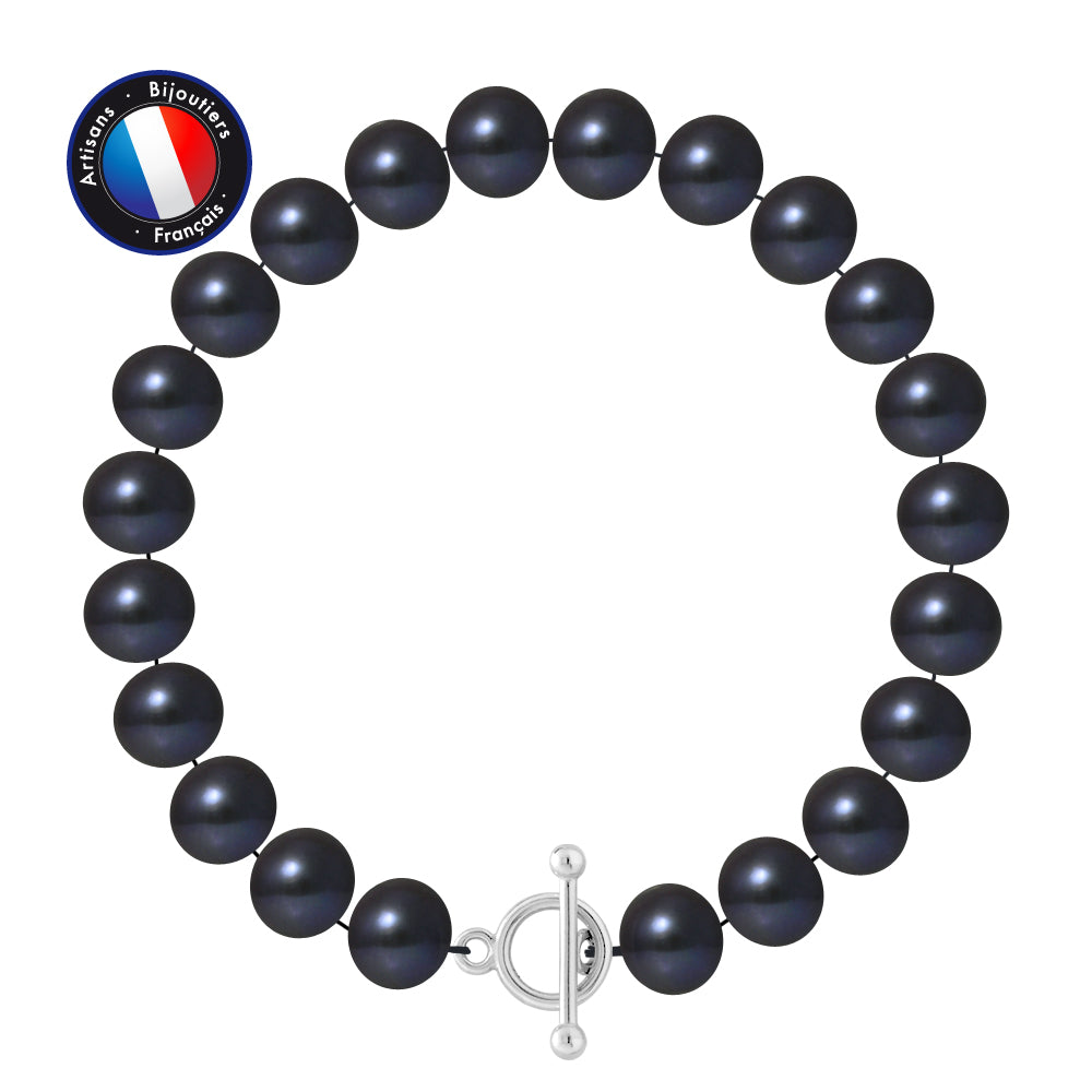 PERLINEA- Bracelet- Freshwater Cultured Pearls- Semi Round 9-10 mm Black Tahiti- Women's Jewelry- 925 Thousandths Silver