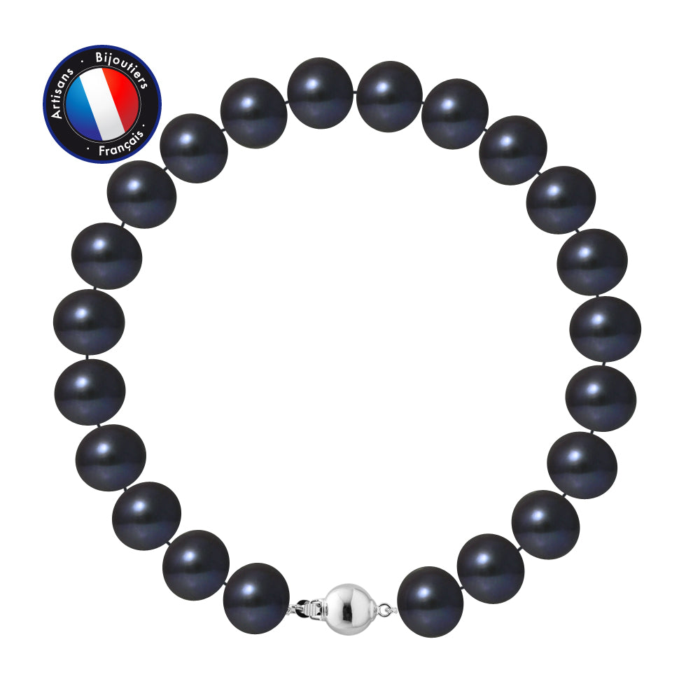 PERLINEA- Bracelet- Freshwater Cultured Pearls- Semi Round 9-10 mm Black Tahiti- Women's Jewelry- 925 Thousandths Silver